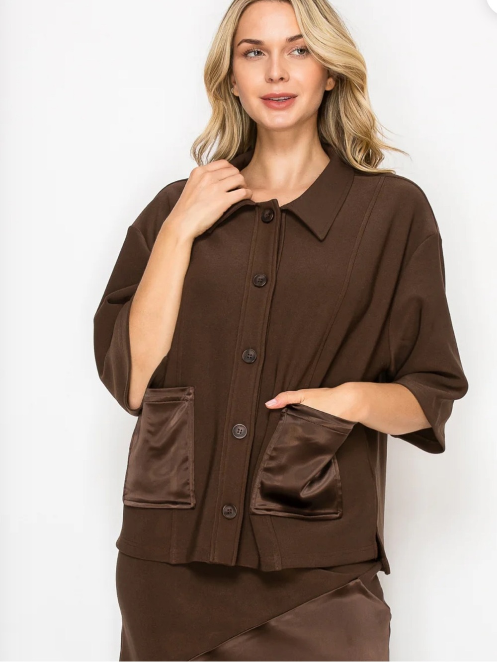 Joh. Kira Top Brown Button-Front Satin Pocket Jacket - M